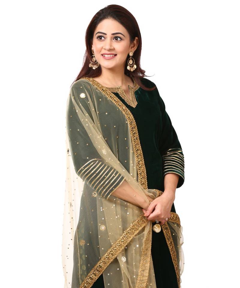 Forest Green Velvet Kurti with Straight Green Banarsi Palazzo and Gold Mirror Dupatta