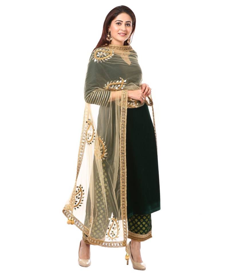 Forest Green Velvet Kurti with Straight Green Banarsi Palazzo and Gold Paisley Dupatta