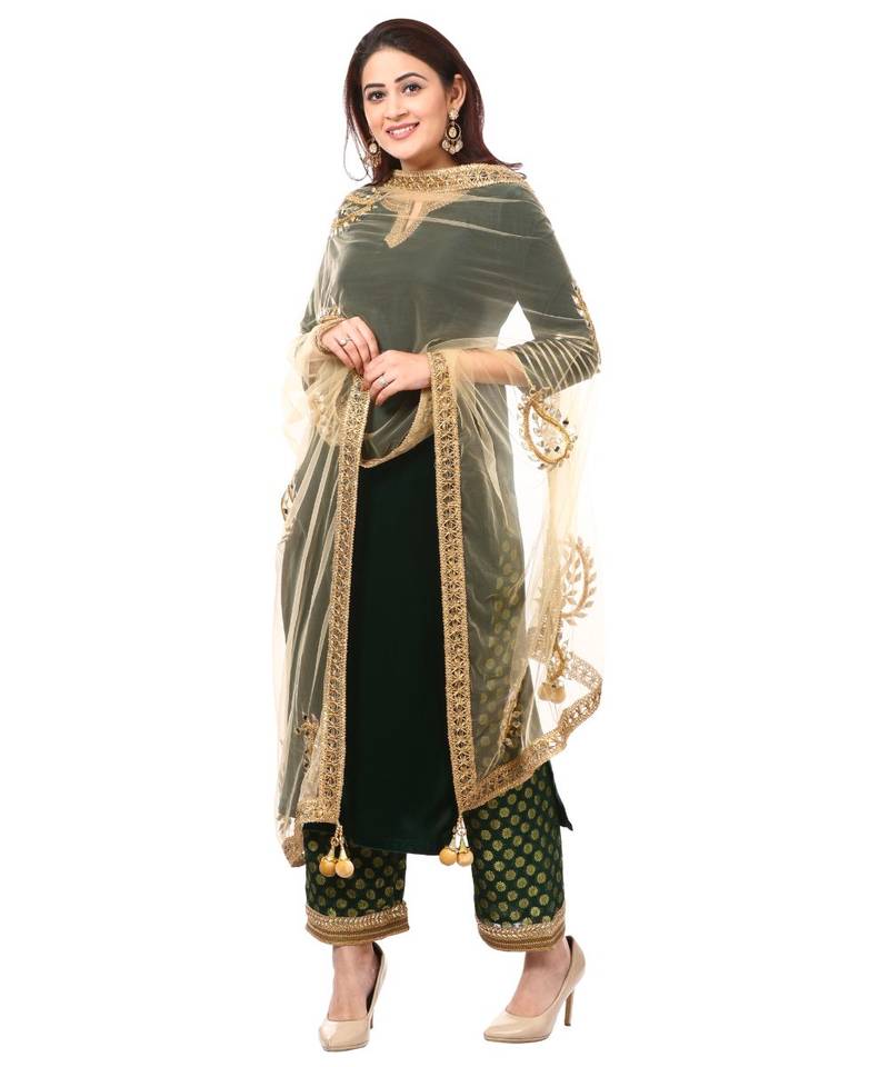 Forest Green Velvet Kurti with Straight Green Banarsi Palazzo and Gold Paisley Dupatta