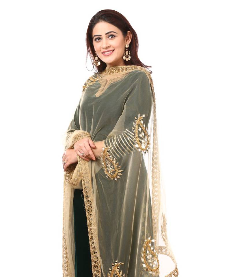 Forest Green Velvet Kurti with Straight Green Banarsi Palazzo and Gold Paisley Dupatta