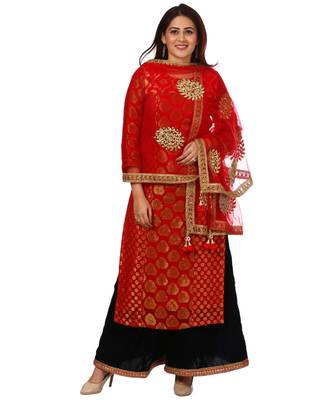 Red Melange Georgette Banarsi Kurti with Velvet Palazzo and Red Net Mirror Dupatta 1