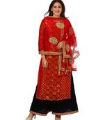 Red Melange Georgette Banarsi Kurti with Velvet Palazzo and Red Net Mirror Dupatta