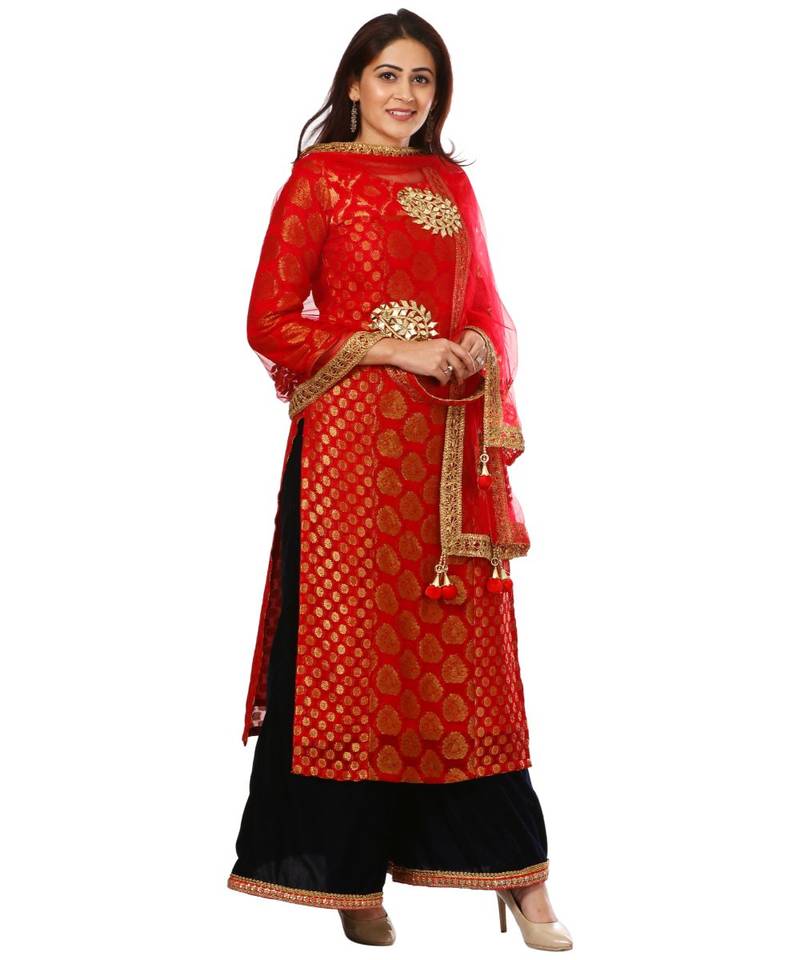 Red Melange Georgette Banarsi Kurti with Velvet Palazzo and Red Net Mirror Dupatta