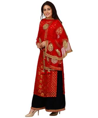 Red Melange Georgette Banarsi Kurti with Velvet Palazzo and Red Net Mirror Dupatta 3