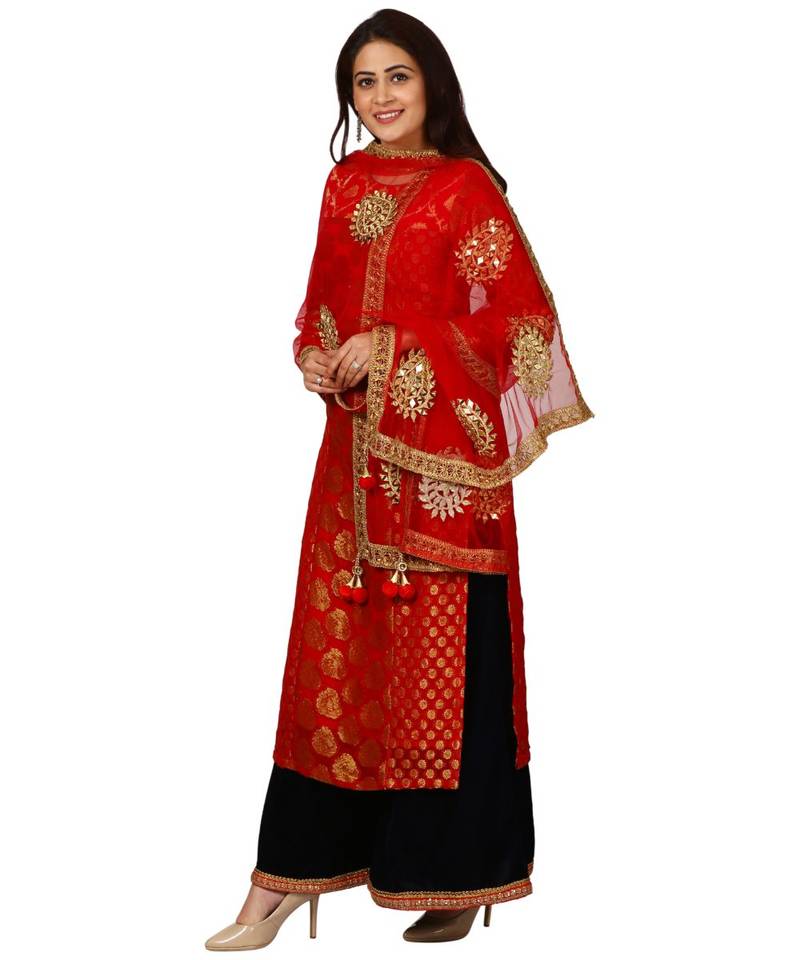Red Melange Georgette Banarsi Kurti with Velvet Palazzo and Red Net Mirror Dupatta