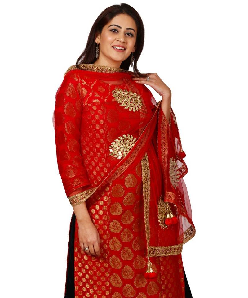 Red Melange Georgette Banarsi Kurti with Velvet Palazzo and Red Net Mirror Dupatta
