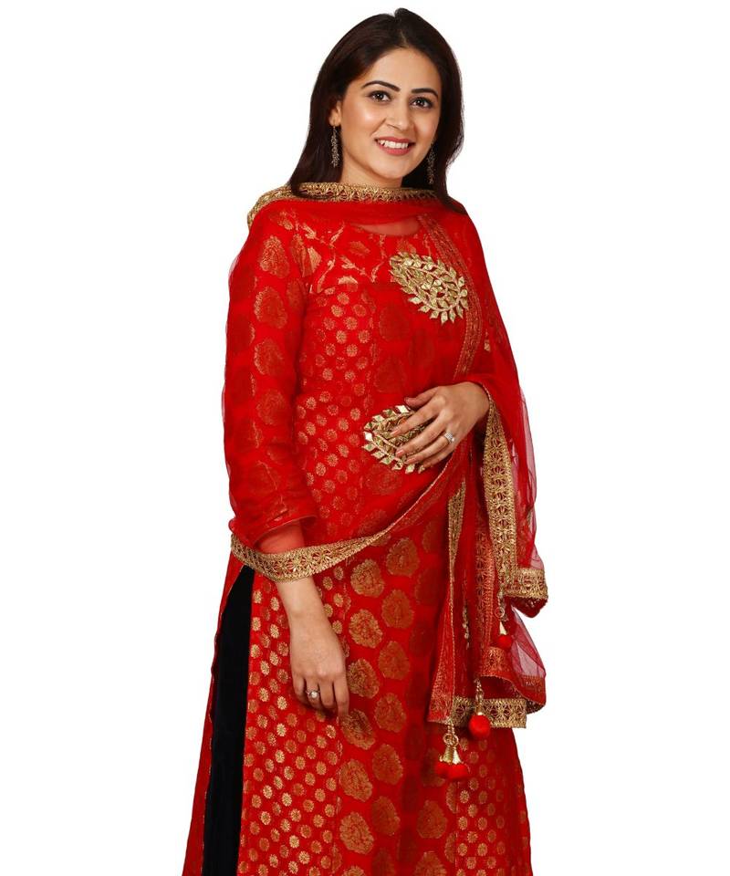 Red Melange Georgette Banarsi Kurti with Velvet Palazzo and Red Net Mirror Dupatta