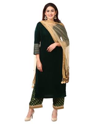 Forest Green Velvet Kurti with Straight Green Banarsi Palazzo and Gold Blush Mirror Dupatta 1