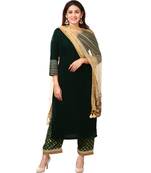 Forest Green Velvet Kurti with Straight Green Banarsi Palazzo and Gold Blush Mirror Dupatta
