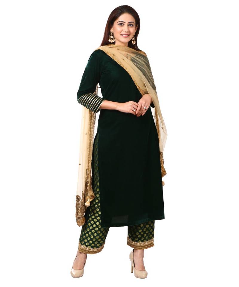 Forest Green Velvet Kurti with Straight Green Banarsi Palazzo and Gold Blush Mirror Dupatta