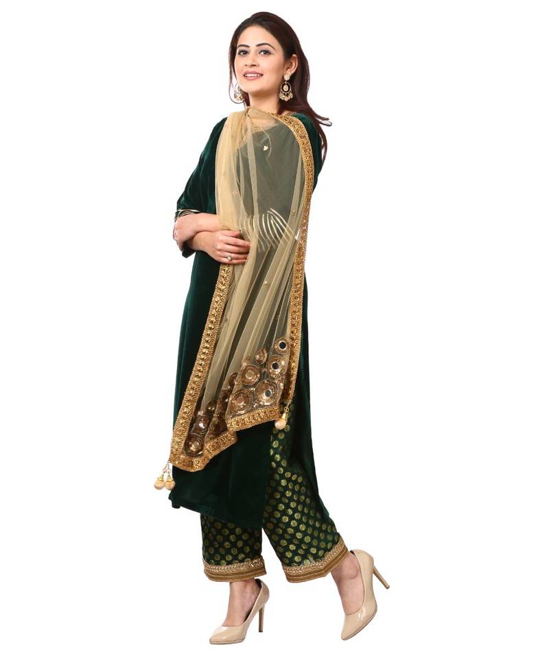 Forest Green Velvet Kurti with Straight Green Banarsi Palazzo and Gold Blush Mirror Dupatta