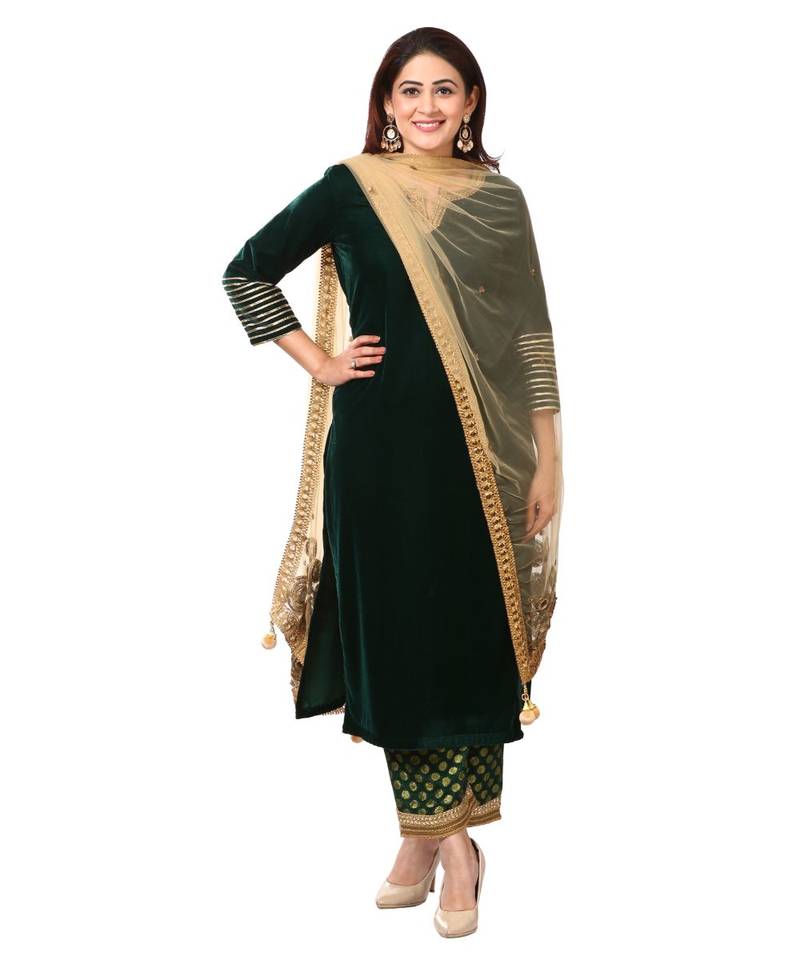 Forest Green Velvet Kurti with Straight Green Banarsi Palazzo and Gold Blush Mirror Dupatta