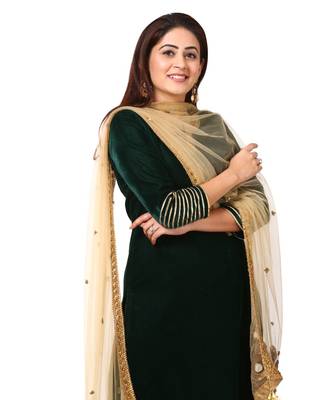 Forest Green Velvet Kurti with Straight Green Banarsi Palazzo and Gold Blush Mirror Dupatta 5