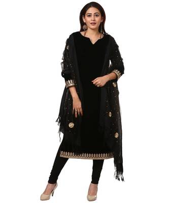 Festive Black Straight Velvet Kurti with Black Leggings and Black Gotta Flower Organza Dupatta 1