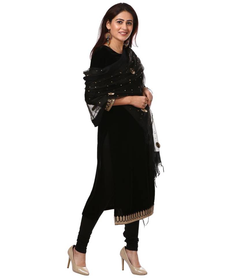 Festive Black Straight Velvet Kurti with Black Leggings and Black Gotta Flower Organza Dupatta