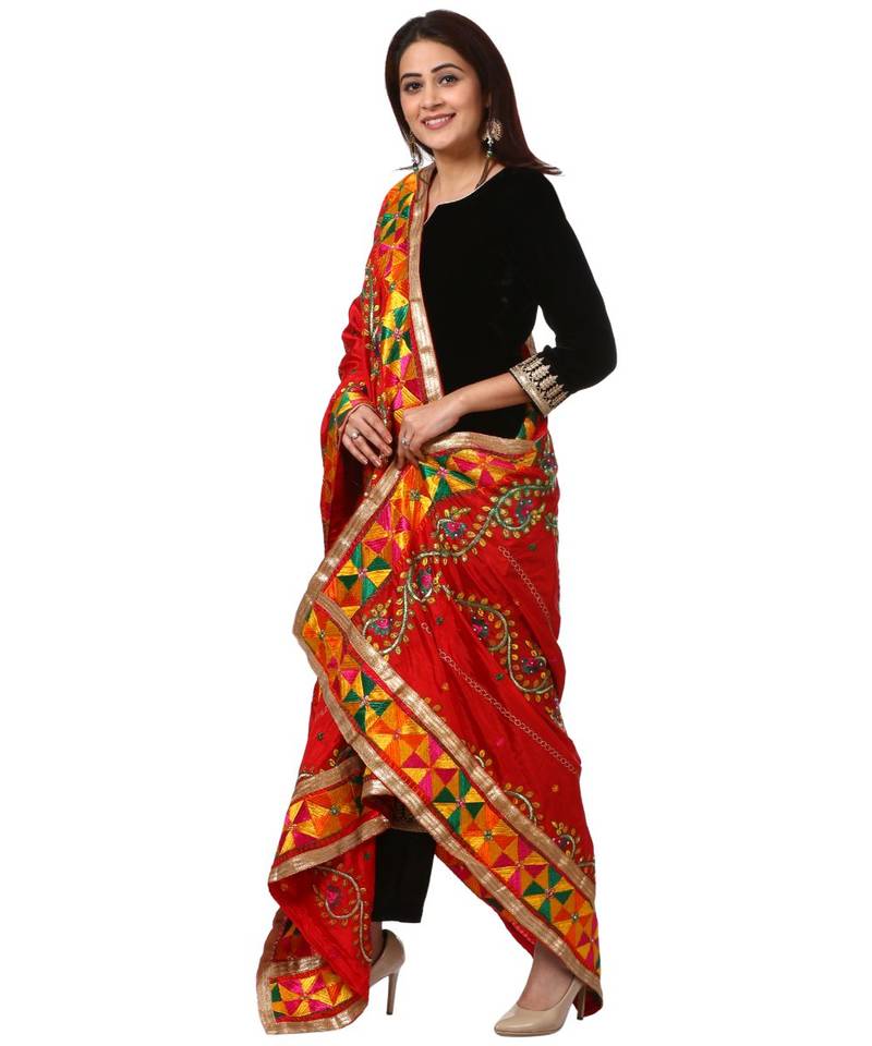 Festive Black Straight Velvet Kurti with Straight Pants and Red Trails Floral Phulkari Dupatta