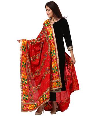 Festive Black Straight Velvet Kurti with Straight Pants and Red Trails Floral Phulkari Dupatta 3