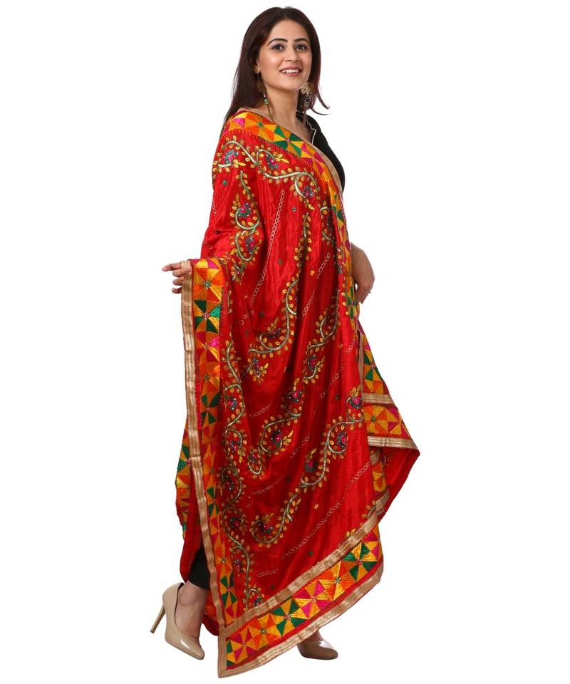 Festive Black Straight Velvet Kurti with Straight Pants and Red Trails Floral Phulkari Dupatta