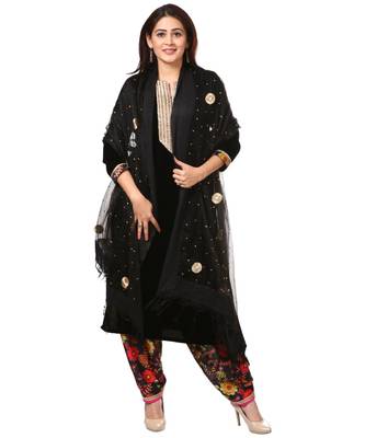 Black Gold Velvet Kurti with Floral Printed Salwar and Black Gotta Flower Organza Dupatta 1