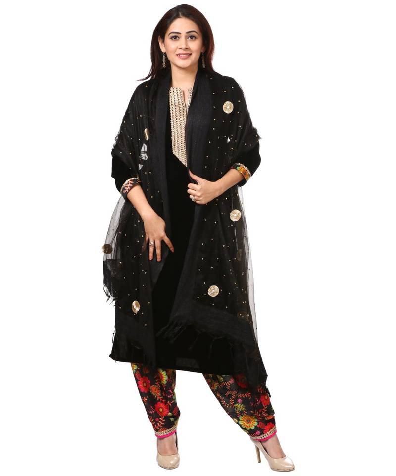 Black Gold Velvet Kurti with Floral Printed Salwar and Black Gotta Flower Organza Dupatta