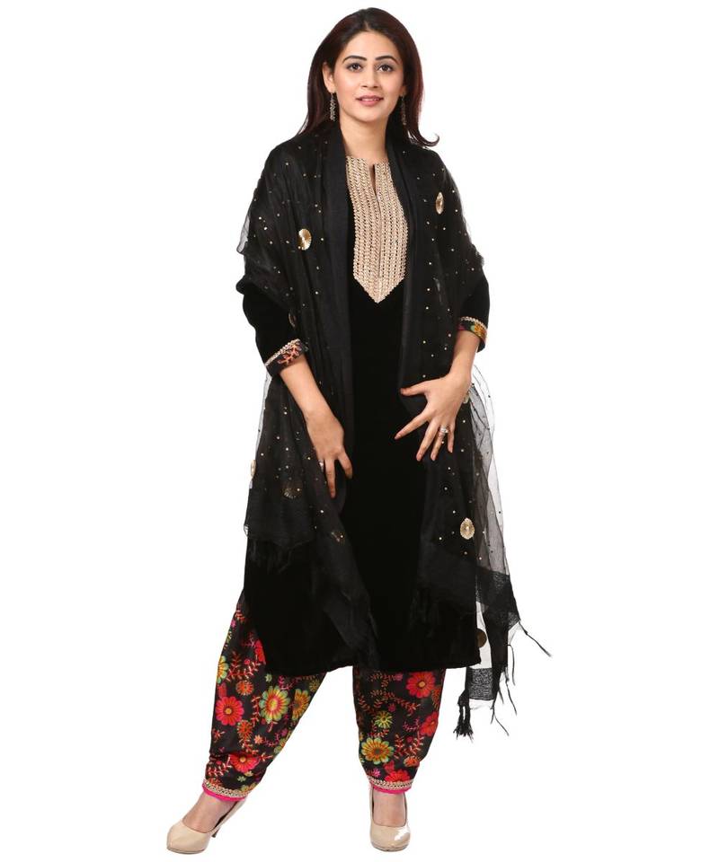 Black Gold Velvet Kurti with Floral Printed Salwar and Black Gotta Flower Organza Dupatta