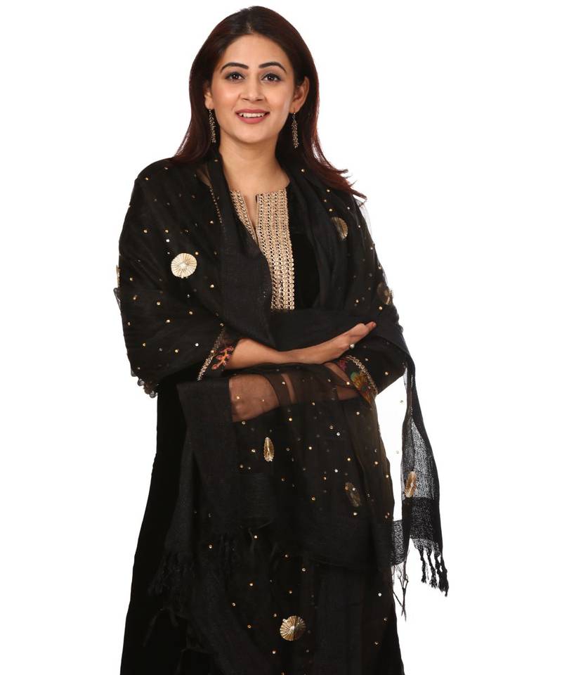 Black Gold Velvet Kurti with Floral Printed Salwar and Black Gotta Flower Organza Dupatta