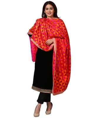 Festive Black Straight Velvet Kurti with Straight Pants and Orange Magenta Triangle Phulkari Dupatta 1