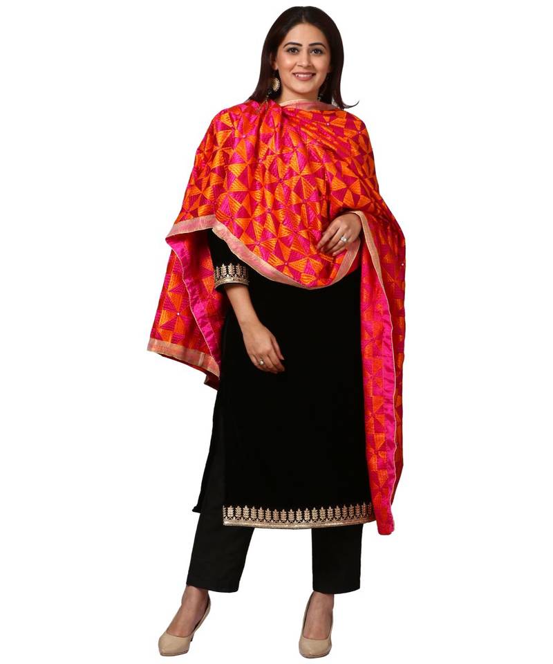 Festive Black Straight Velvet Kurti with Straight Pants and Orange Magenta Triangle Phulkari Dupatta