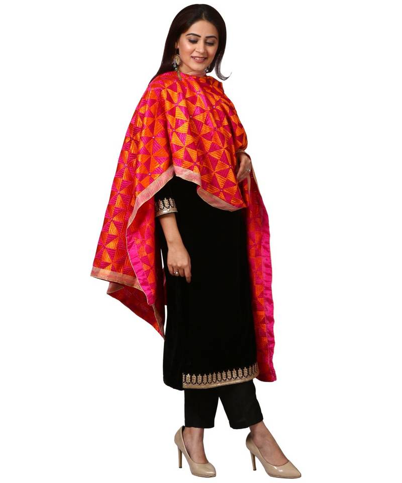 Festive Black Straight Velvet Kurti with Straight Pants and Orange Magenta Triangle Phulkari Dupatta