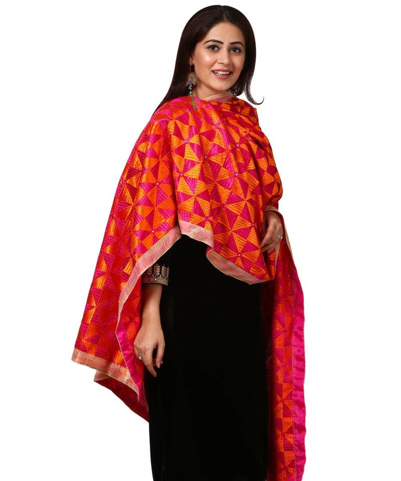 Festive Black Straight Velvet Kurti with Straight Pants and Orange Magenta Triangle Phulkari Dupatta