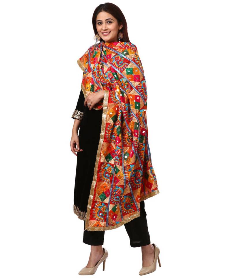 Festive Black Straight Velvet Kurti with Straight Pants and Peacock Diamond Colorful Phulkari Dupatta