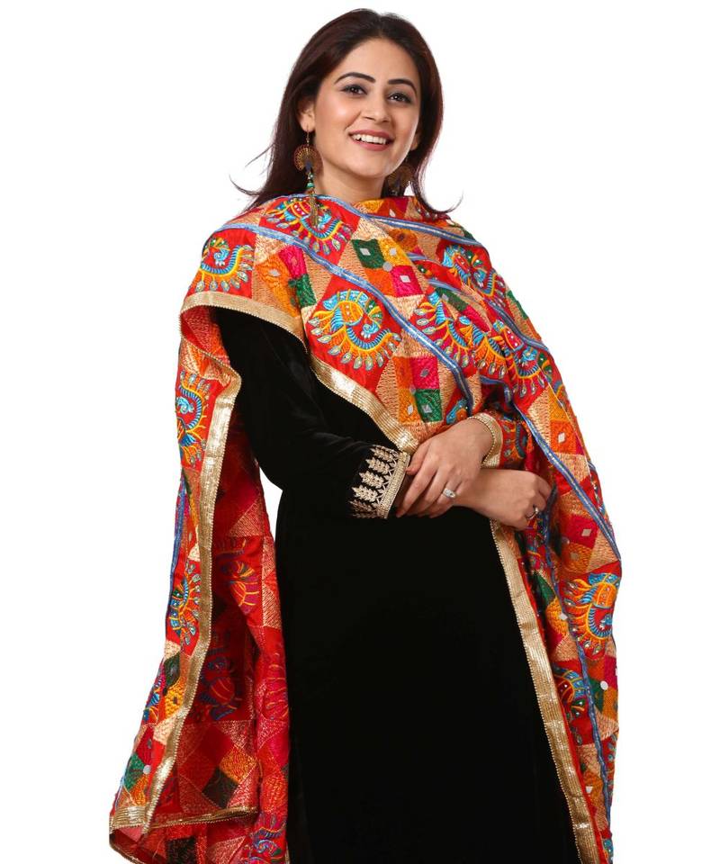 Festive Black Straight Velvet Kurti with Straight Pants and Peacock Diamond Colorful Phulkari Dupatta