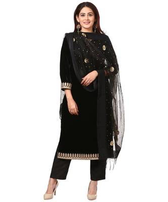Festive Black Straight Velvet Kurti with Straight Pants and Black Gotta Flower Organza Dupatta 1