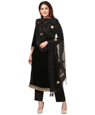 Festive Black Straight Velvet Kurti with Straight Pants and Black Gotta Flower Organza Dupatta 2