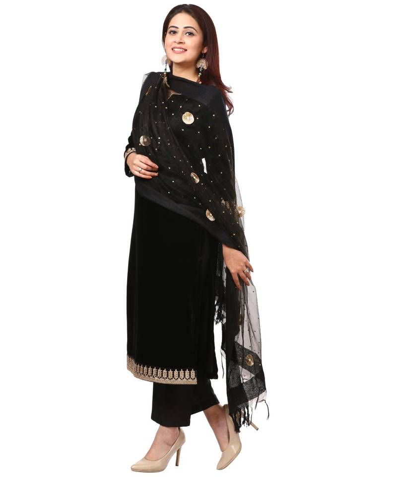 Festive Black Straight Velvet Kurti with Straight Pants and Black Gotta Flower Organza Dupatta