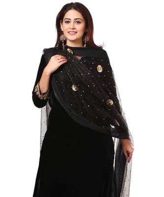 Festive Black Straight Velvet Kurti with Straight Pants and Black Gotta Flower Organza Dupatta 5