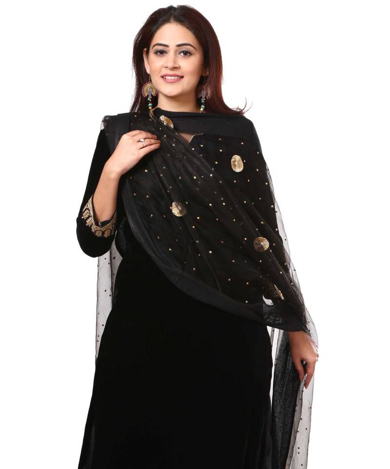 Festive Black Straight Velvet Kurti with Straight Pants and Black Gotta Flower Organza Dupatta