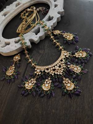 Purple Green Gold Tone Kundan Inspired Necklace 2