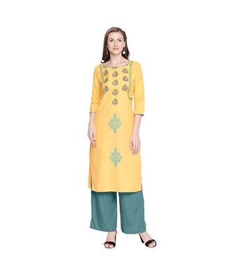 Yellow Cotton Slub Jacket Style Floral Embroidery Straight Fit Kurta for Women 1