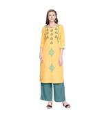 Yellow Cotton Slub Jacket Style Floral Embroidery Straight Fit Kurta for Women