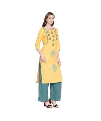 Yellow Cotton Slub Jacket Style Floral Embroidery Straight Fit Kurta for Women 2
