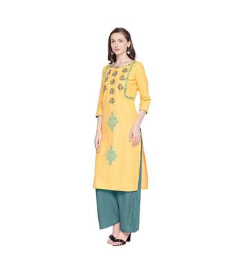 Yellow Cotton Slub Jacket Style Floral Embroidery Straight Fit Kurta for Women 3