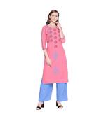 Pink Cotton Slub Jacket Style Floral Embroidery Straight Fit Kurta for Women