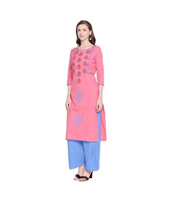 Pink Cotton Slub Jacket Style Floral Embroidery Straight Fit Kurta for Women 3