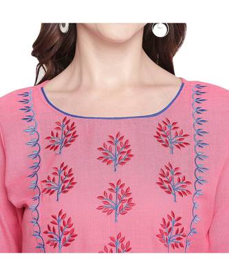 Pink Cotton Slub Jacket Style Floral Embroidery Straight Fit Kurta for Women 5