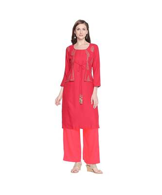 Red Rayon Gold Printed Jacket Style Kurta with Tassels for Women 1