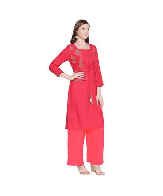 Red Rayon Gold Printed Jacket Style Kurta with Tassels for Women 2