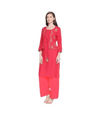 Red Rayon Gold Printed Jacket Style Kurta with Tassels for Women 3