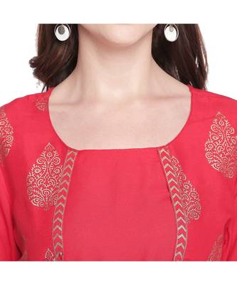 Red Rayon Gold Printed Jacket Style Kurta with Tassels for Women 5