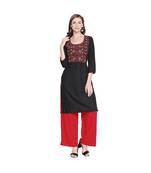 Black Rayon with Red & Green Embroidery straight Fit Kurta with Round Neck for Women